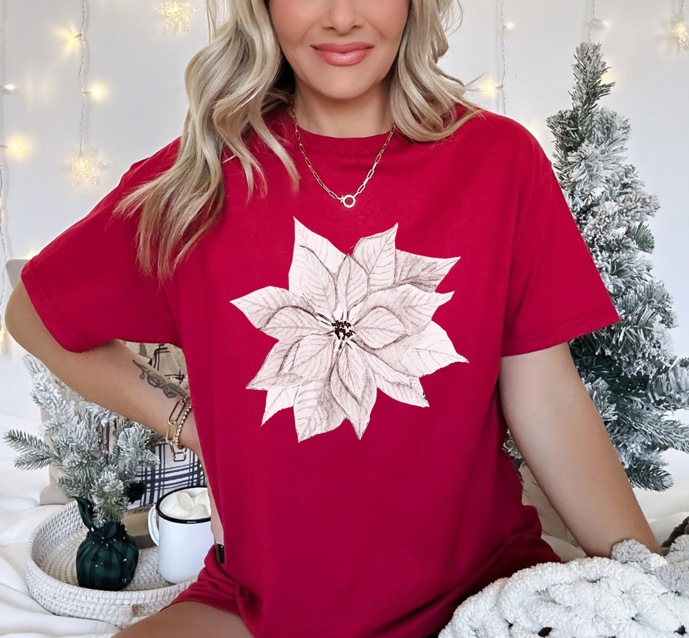 Vintage Wash Print Christmas Poinsettia Bella Canvas Tee