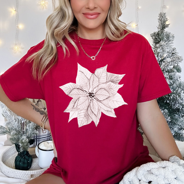 Vintage Wash Print Christmas Poinsettia Bella Canvas Tee