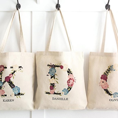 Personalized Monogrammed Tote Bags | Floral Design | Cotton Canvas | 15" x 15"