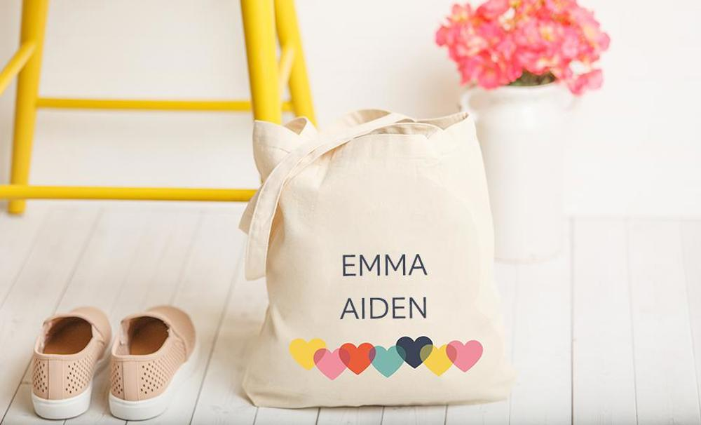 Personalized Family Names Tote Bag with Hearts