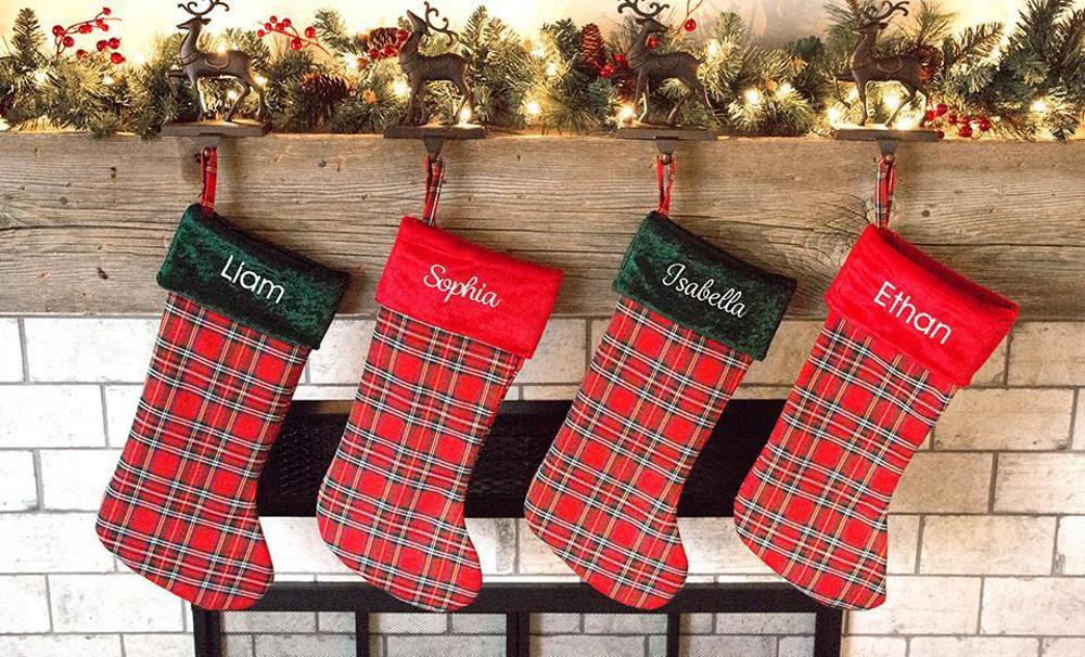 Personalized Green & Red Plaid Christmas Stockings with Embroidered Name - Choose from 2 Colors and 2 Font Style