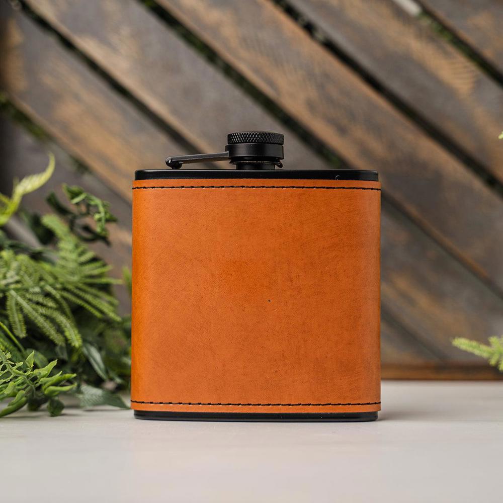 Personalized Leather Wrapped Black Flasks - Choose from 3 Colors and 16 Designs