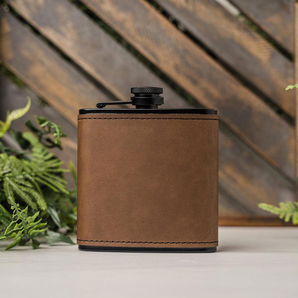 Personalized Leather Wrapped Black Flasks - Choose from 3 Colors and 16 Designs