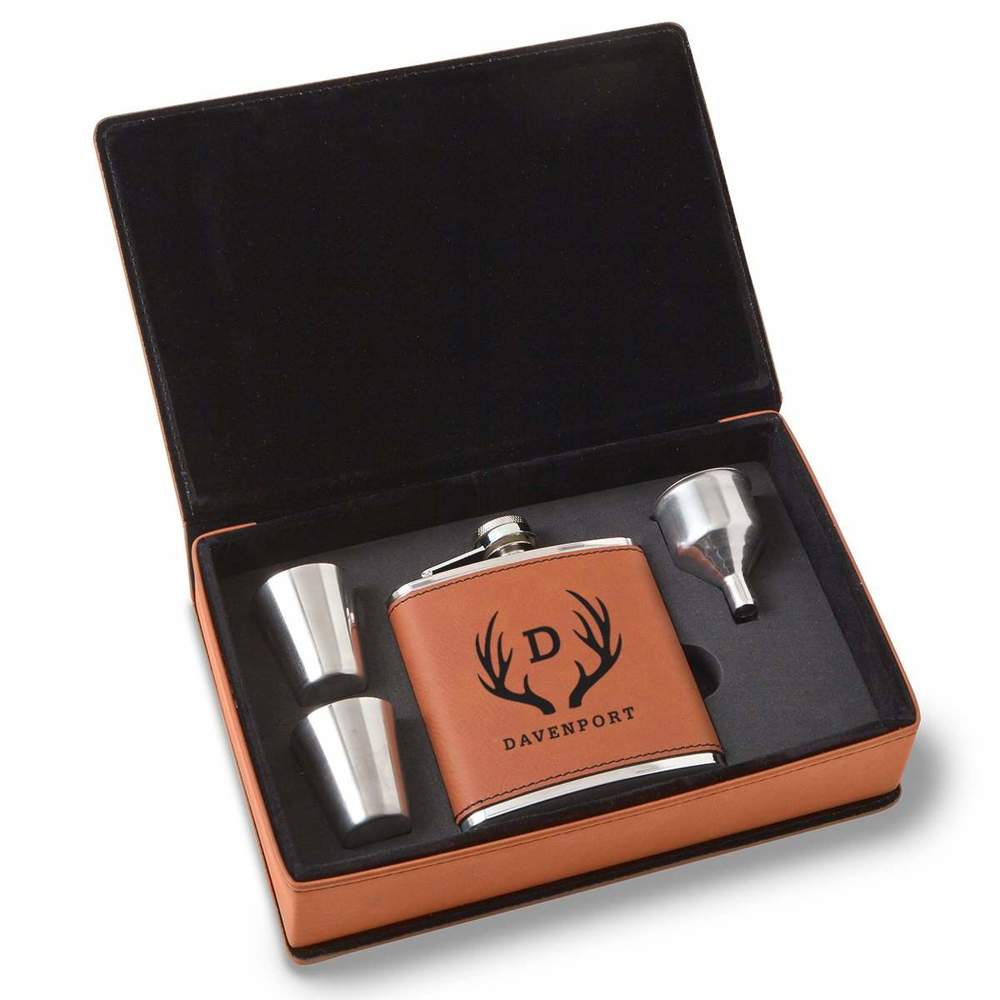 Personalized Rawhide Flask Set - Choose from 7 Designs - Holiday Gift for Men