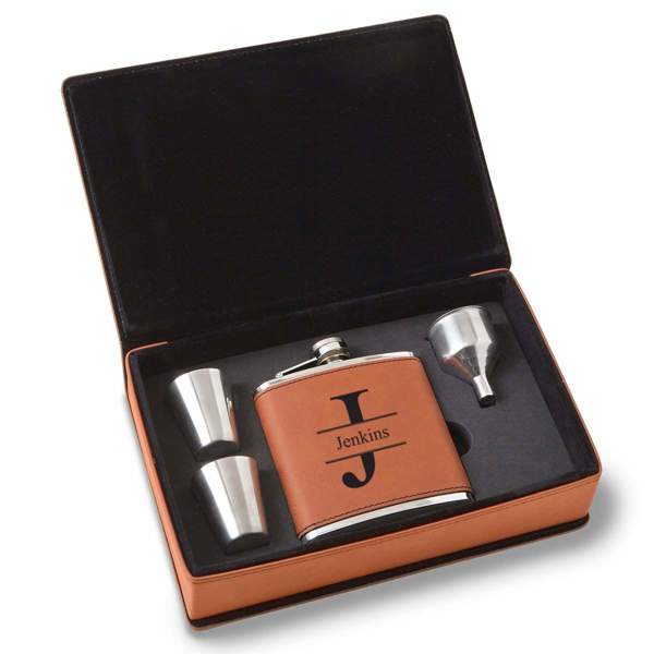 Personalized Rawhide Flask Set - Choose from 7 Designs - Holiday Gift for Men