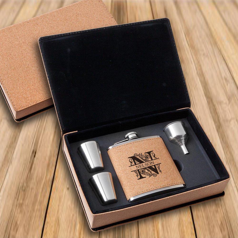 Personalized Cork Flask Set - Choose from 5 Designs - Holiday Gift for Men