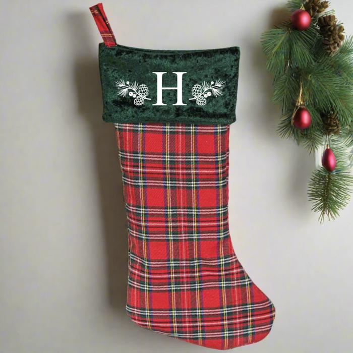 Personalized Red And Green Plaid Stockings - Printed - Choose from 29 Designs - Customized with Initial or Name