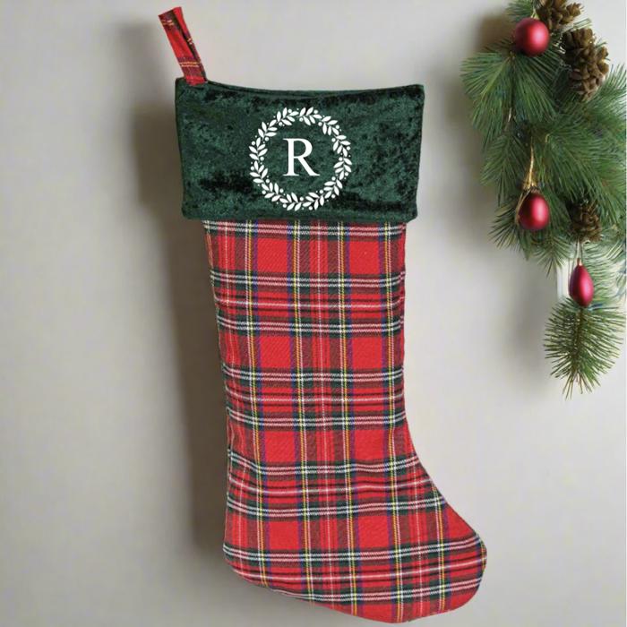 Personalized Red And Green Plaid Stockings - Printed - Choose from 29 Designs - Customized with Initial or Name