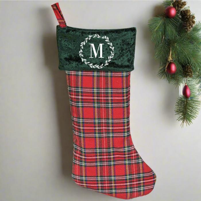 Personalized Red And Green Plaid Stockings - Printed - Choose from 29 Designs - Customized with Initial or Name