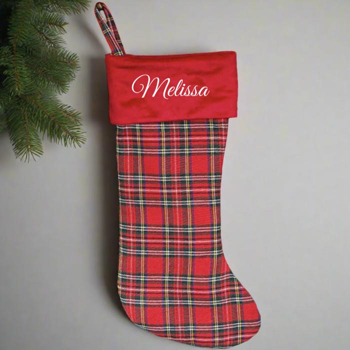 Personalized Red And Green Plaid Stockings - Printed - Choose from 29 Designs - Customized with Initial or Name