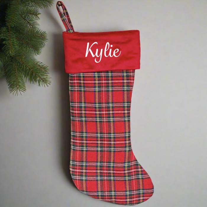 Personalized Red And Green Plaid Stockings - Printed - Choose from 29 Designs - Customized with Initial or Name