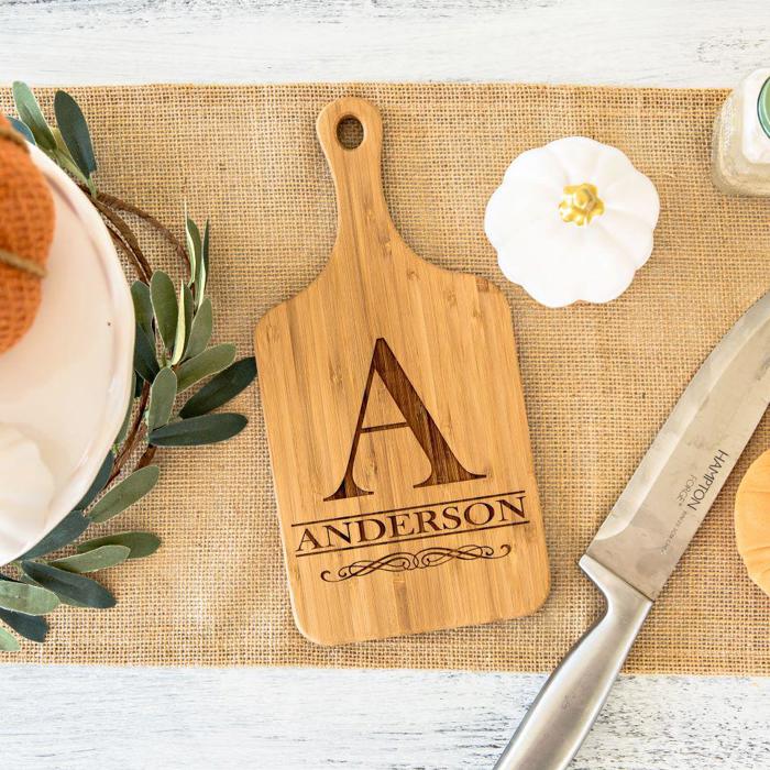 Personalized Mini Handled Bamboo Cutting Board - 5" x 11" - Choose from 8 Engraving Designs