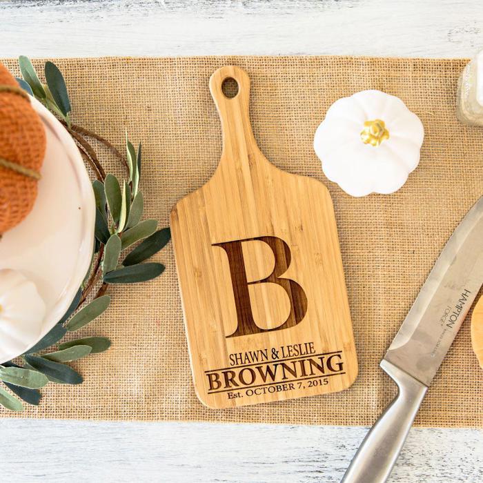 Personalized Mini Handled Bamboo Cutting Board - 5" x 11" - Choose from 8 Engraving Designs