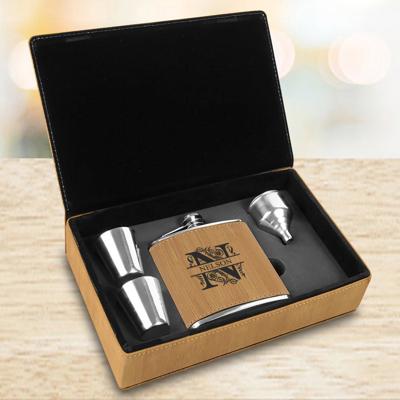 Personalized Bamboo Flask Gift Set | Engraved Flask with 2 Shot Glasses and Funnel | Choose from 8 Designs 