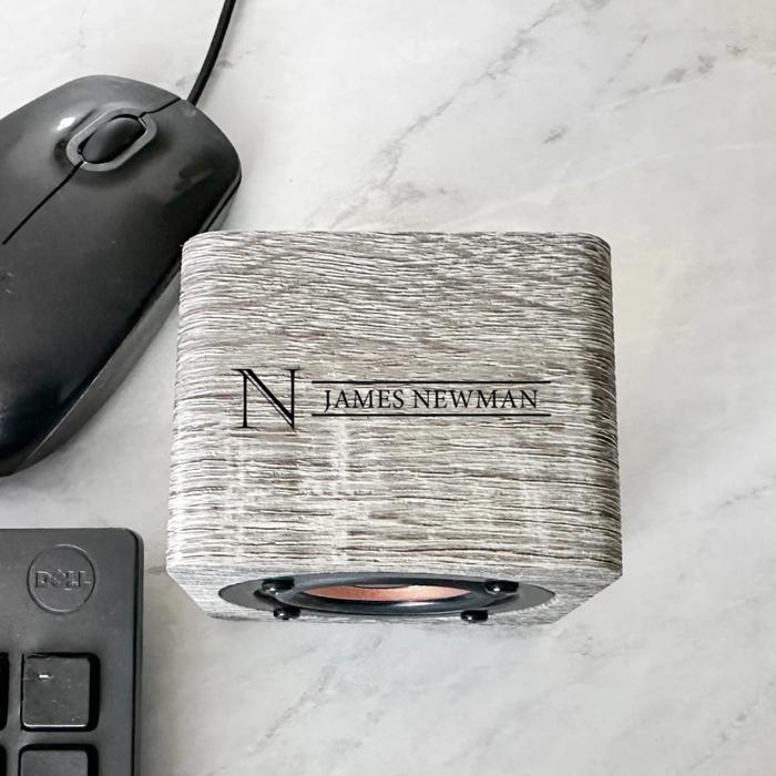 Personalized Gray Bluetooth Speaker - UV Printed (Black Text) - Unique Wedding Party Favor