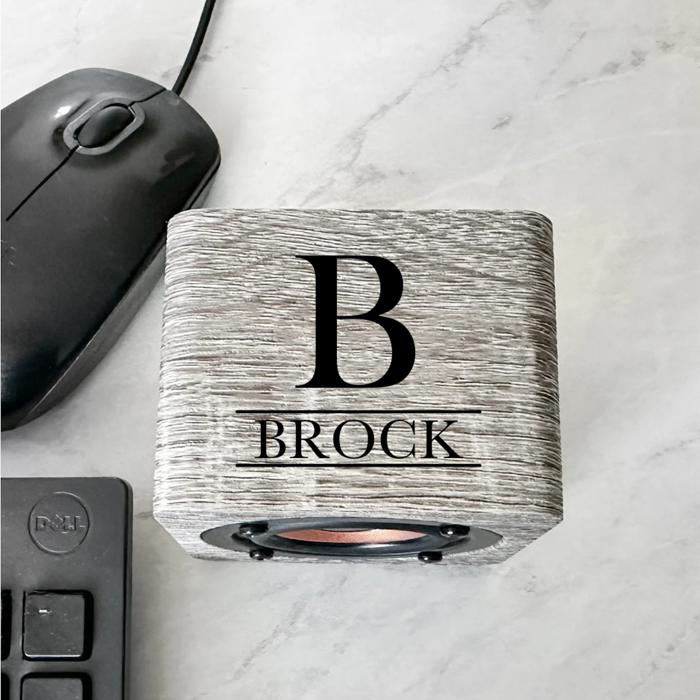 Personalized Gray Bluetooth Speaker - UV Printed (Black Text) - Unique Wedding Party Favor