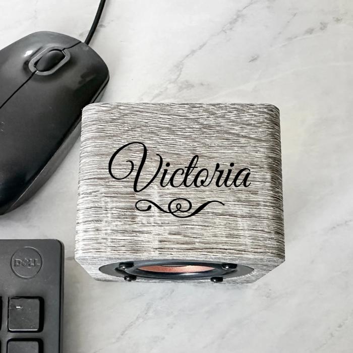 Personalized Gray Bluetooth Speaker - UV Printed (Black Text) - Unique Wedding Party Favor