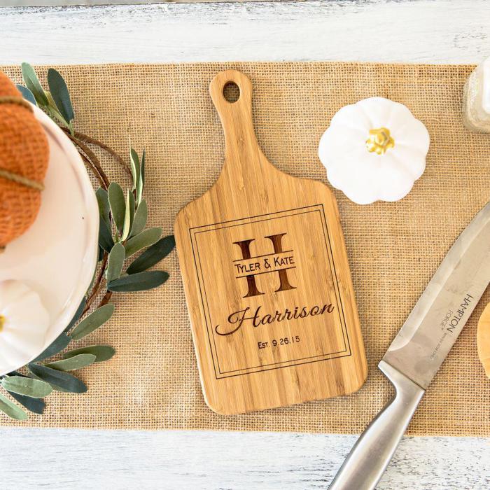 Personalized Mini Handled Bamboo Cutting Board - 5" x 11" - Choose from 8 Engraving Designs