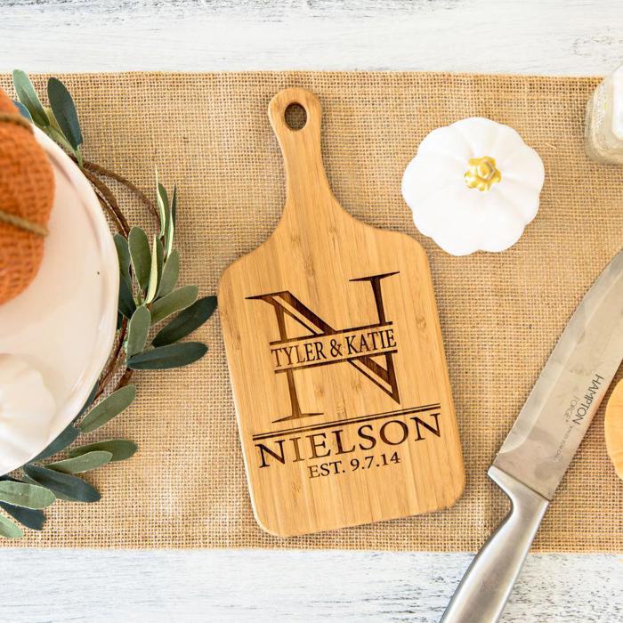 Personalized Mini Handled Bamboo Cutting Board - 5" x 11" - Choose from 8 Engraving Designs