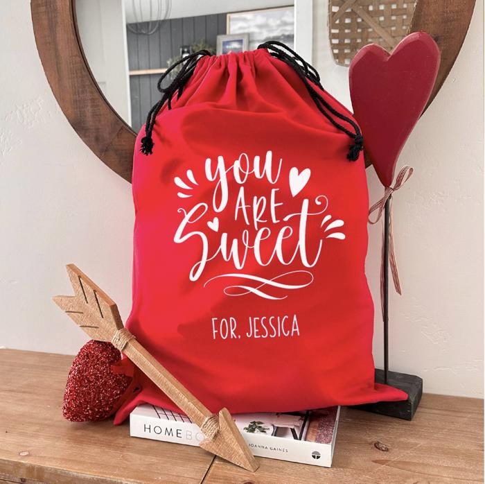 Personalized Valentine Gift Bag, Red Canvas (Choose from Small or Large) - Customized Love Themed Gift Bag - Anniversary Gift for Him or Her