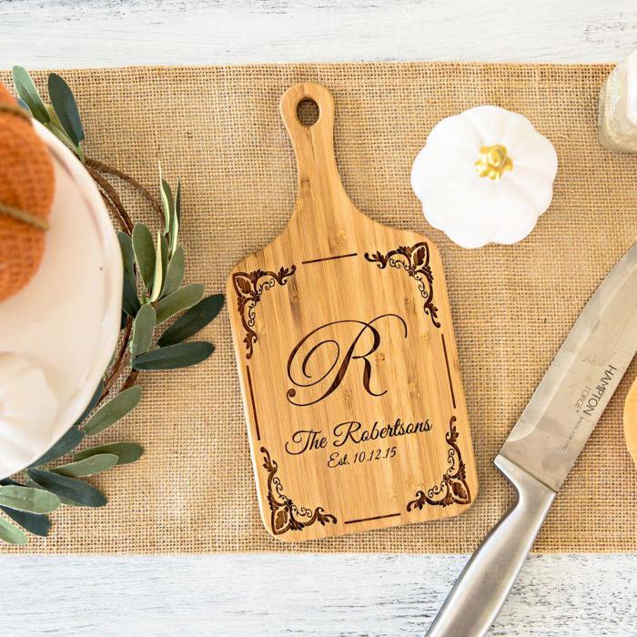 Personalized Mini Handled Bamboo Cutting Board - 5" x 11" - Choose from 8 Engraving Designs