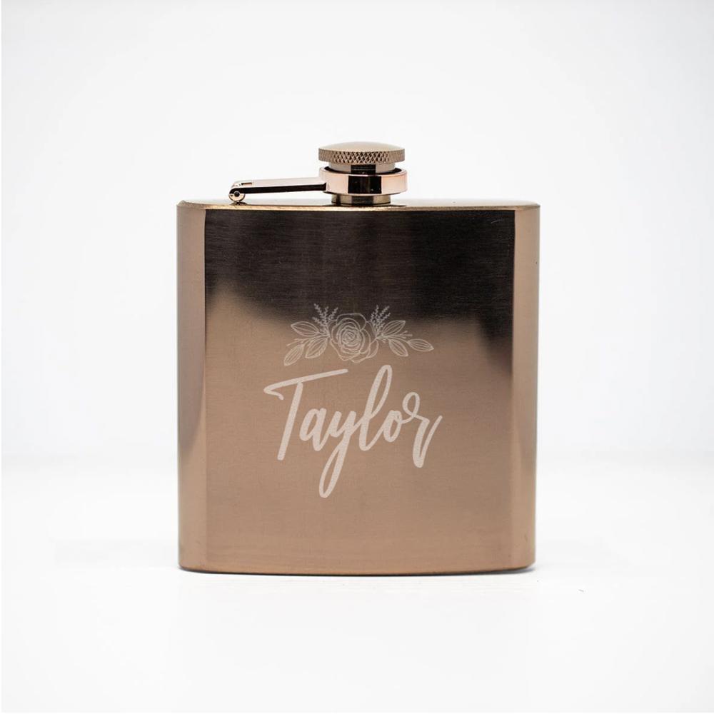 Personalized Rose Gold Flask Set with Shot Glasses - Choose from 20 Designs