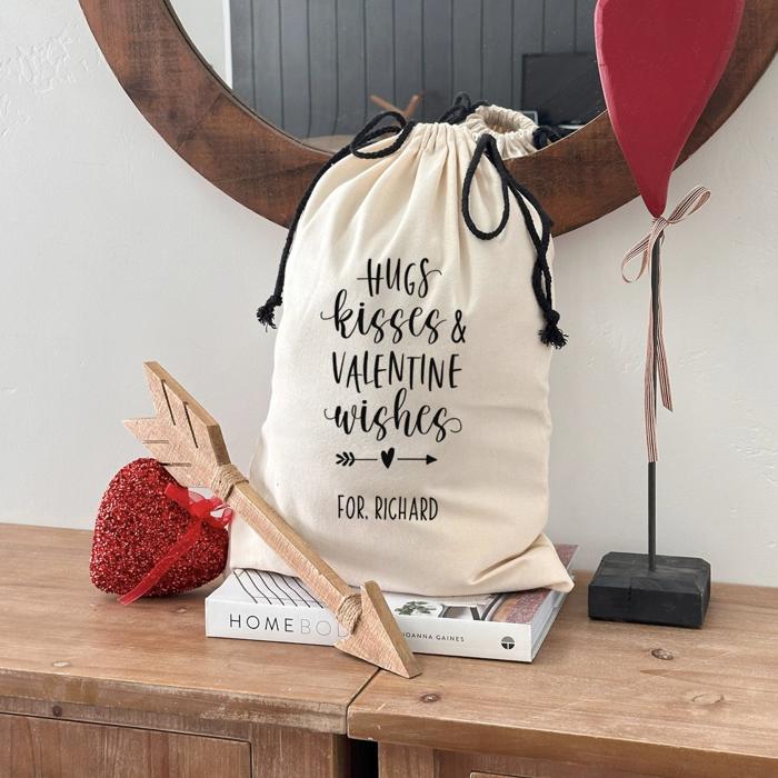 Personalized Valentine Gift Bag, White Canvas (Small 14" x 20.5") - Customized Love Themed Gift Bag - Anniversary Gift for Him or Her