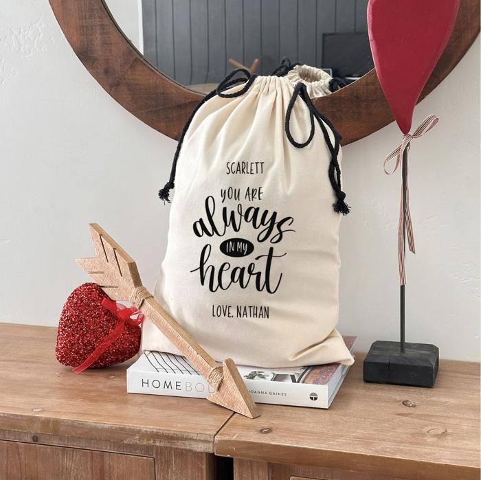 Personalized Valentine Gift Bag, White Canvas (Small 14" x 20.5") - Customized Love Themed Gift Bag - Anniversary Gift for Him or Her