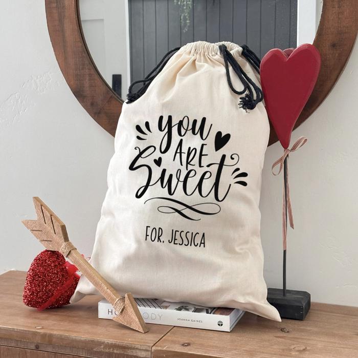 Personalized Valentine Gift Bag, White Canvas (Small 14" x 20.5") - Customized Love Themed Gift Bag - Anniversary Gift for Him or Her