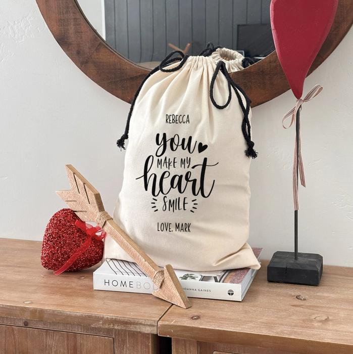 Personalized Valentine Gift Bag, White Canvas (Small 14" x 20.5") - Customized Love Themed Gift Bag - Anniversary Gift for Him or Her