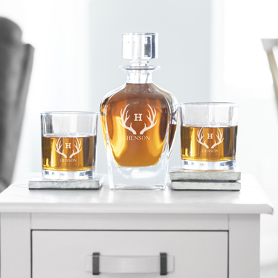 Personalized Antique Whiskey Decanter Set with 2 Lowball Glasses | Choose from 10 Designs