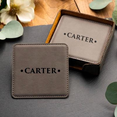Set of 6 Personalized Leather Coaters with a Holder | 4" x 4" | Laser Engraved