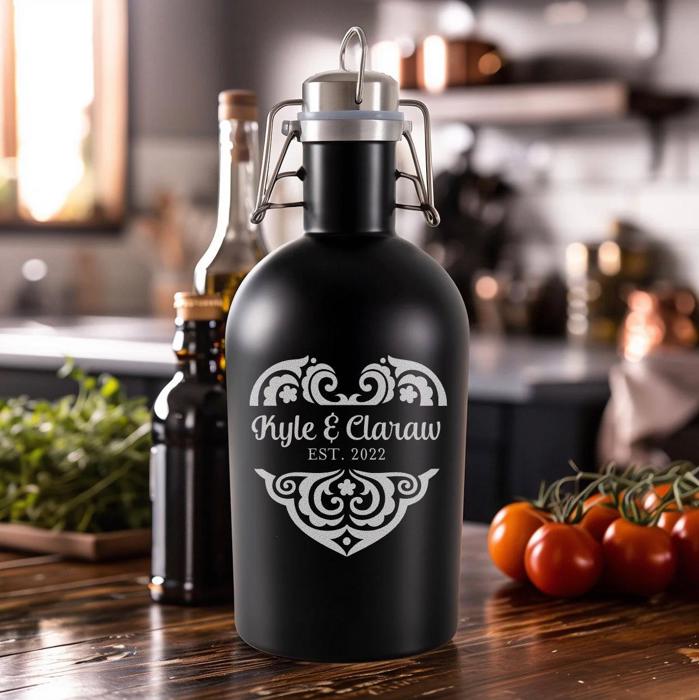 Personalized Black Stainless Growler - Wedding Couples Edition