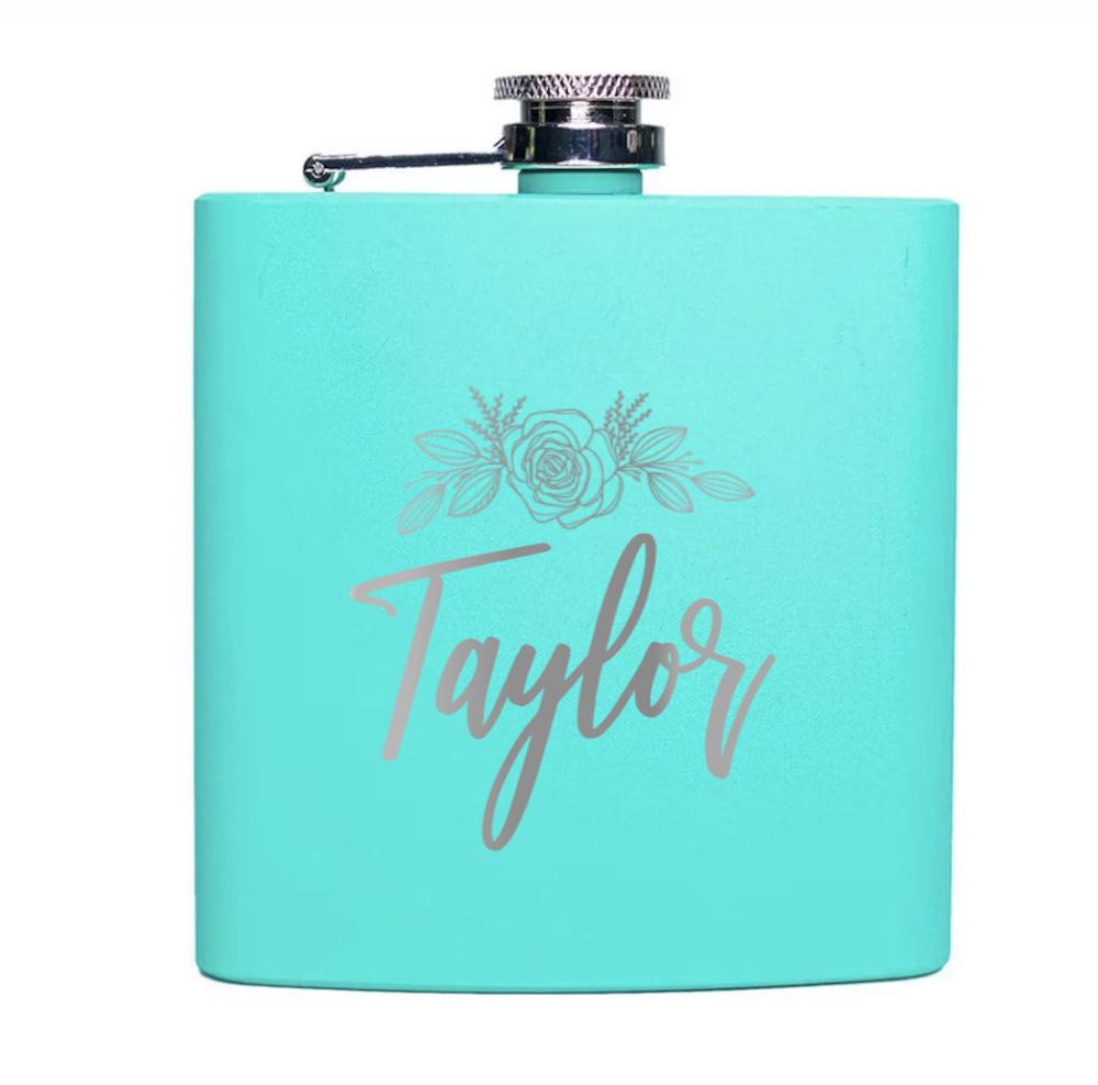 Personalized Teal Powder Coated Flasks - Choose from 20 Designs - Stocking Stuffers for Women