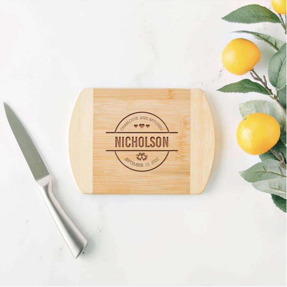 Personalized 6x8 Bamboo Cutting Board with Rounded Edge - Choose from 18 Designs - Cute Wedding Gift for Couples or Parents