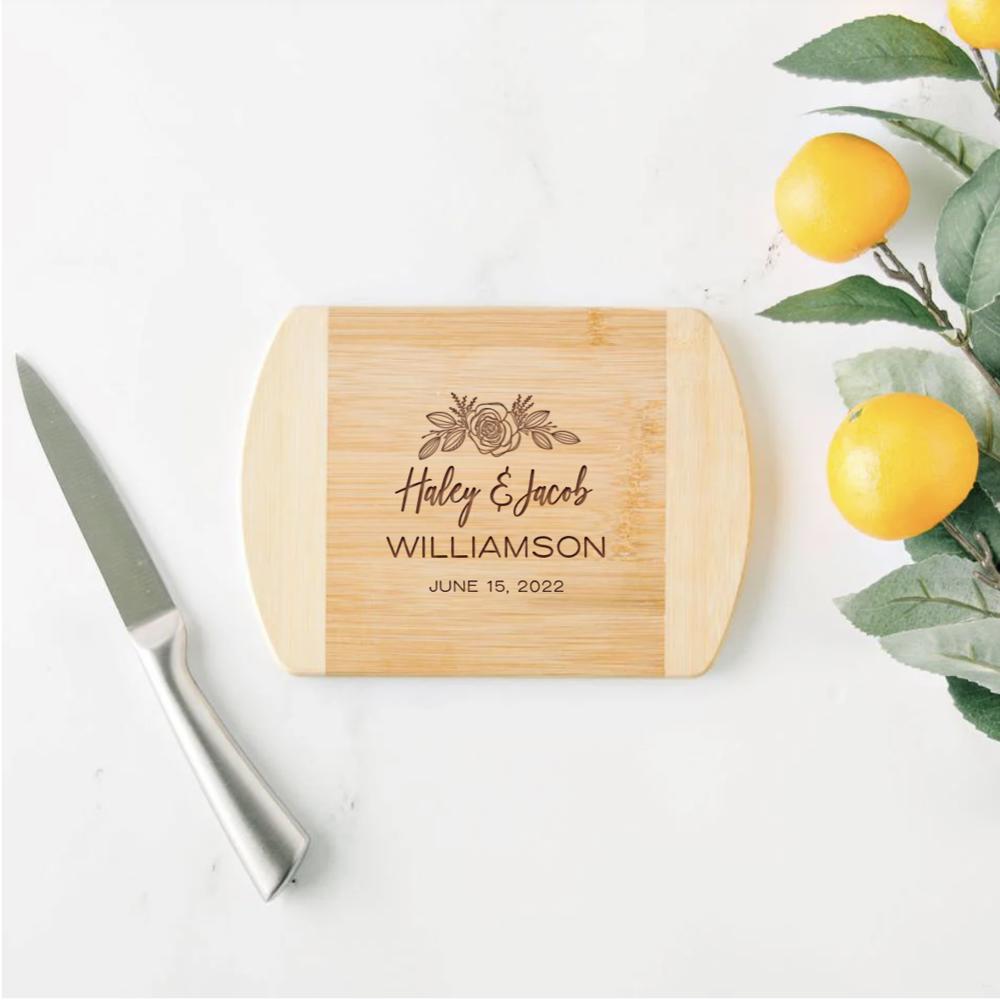 Personalized 6x8 Bamboo Cutting Board with Rounded Edge - Choose from 18 Designs - Cute Wedding Gift for Couples or Parents