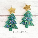 Green Trees | Gold Stars Christmas Holiday Fun Earrings | 12 Choices