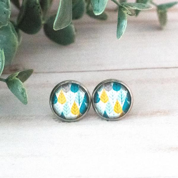 Blue & Yellow Leaves Glass Stud Earrings