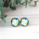  Blue & Yellow Leaves Glass Stud Earrings