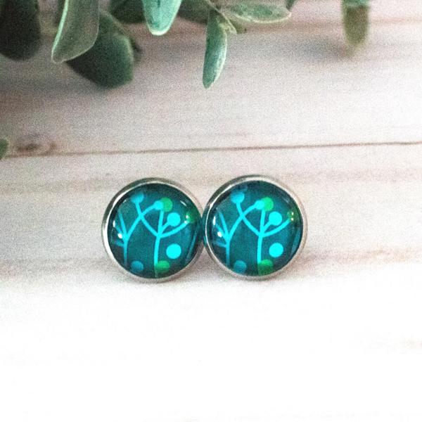 Blue & Green Leaves Glass Stud Earrings