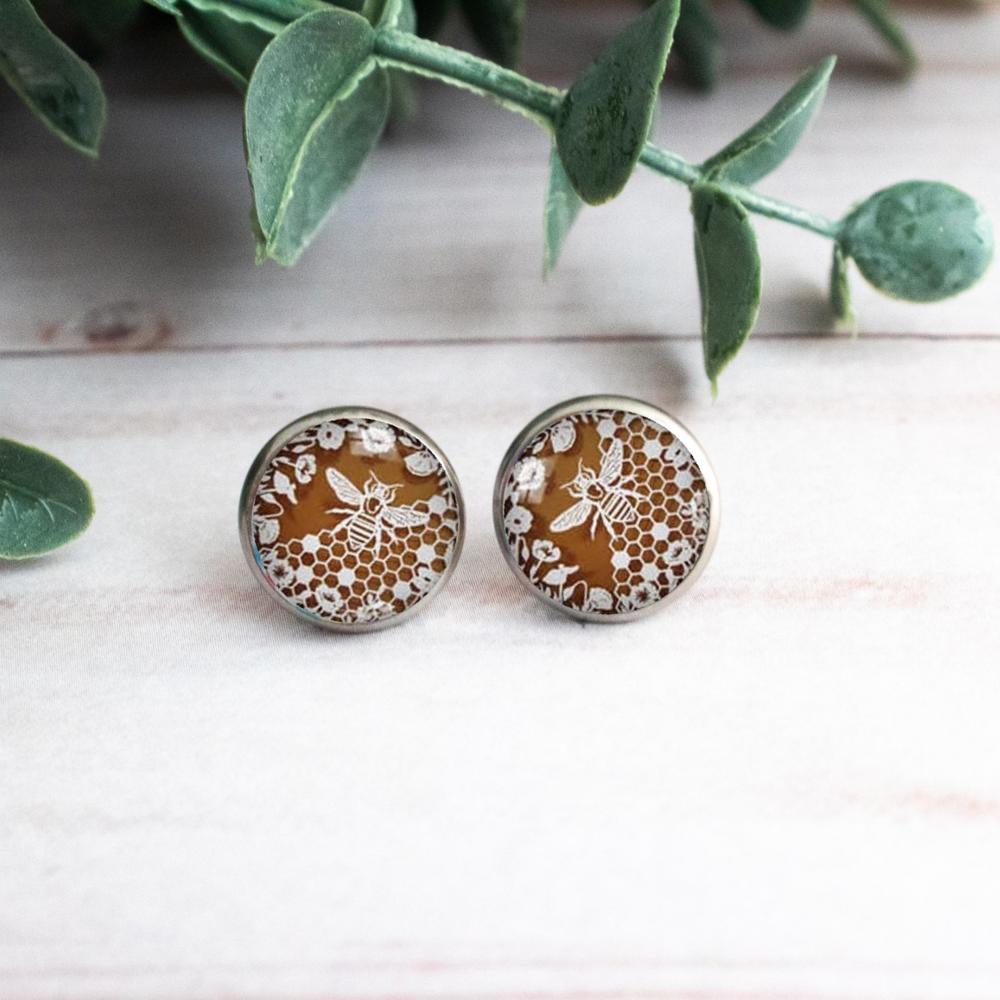 Honeycomb Bee Lovers Glass Stud Earrings