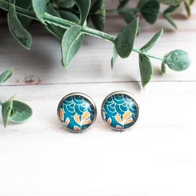 Navy & Orange Leaves Glass Stud Earrings