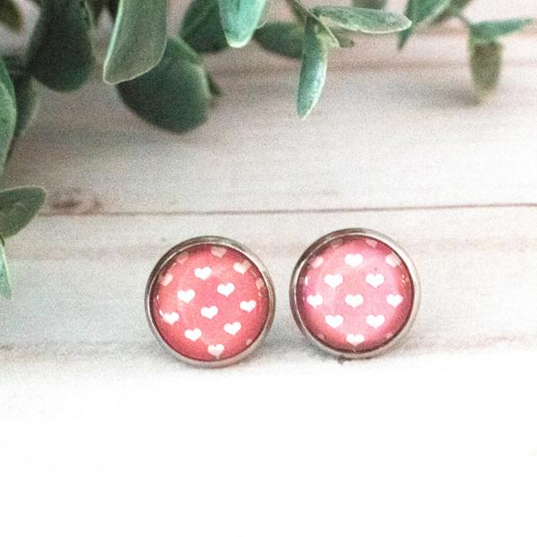 Pink & White Heart Glass Stud Earrings