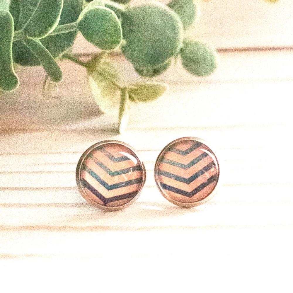 Pink & Navy Chevron Glass Stud Earrings