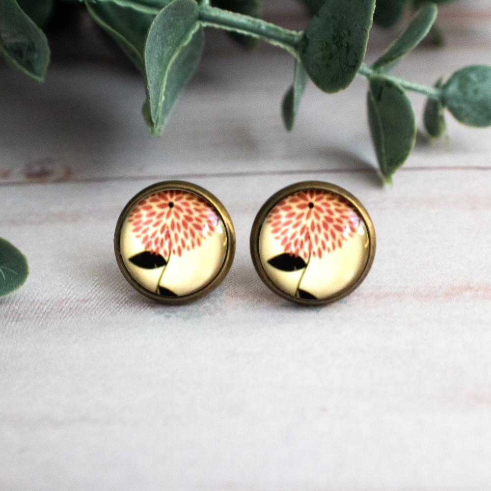 Pink Dandelion Bronze Glass Stud Earrings