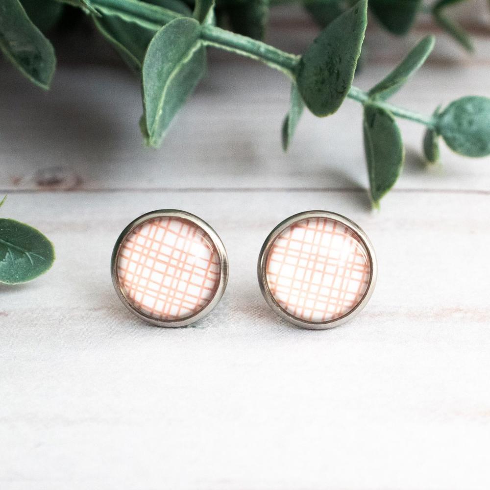 Pink and White Lines Minimalist Glass Stud Earrings