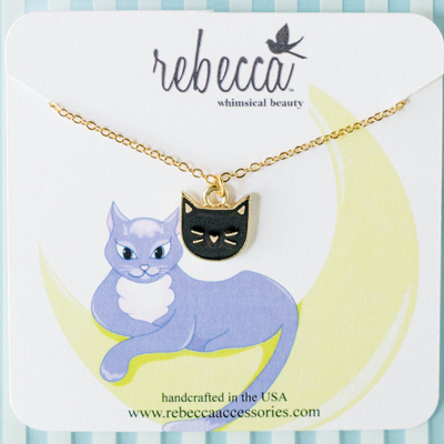 14k Gold Black Cat Enamel Charm Pendant Necklace Children's Jewelry