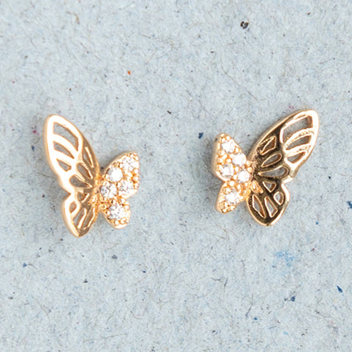 14K Gold Butterfly Cubic Zirconia CZ Crystal Post Stud Earring Insect