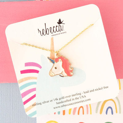 14K Gold Pink Haired Unicorn Enamel Necklace