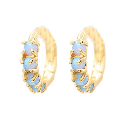 14k Gold Blue Opal Huggie Hoop Earring Gemstone Gift Giving